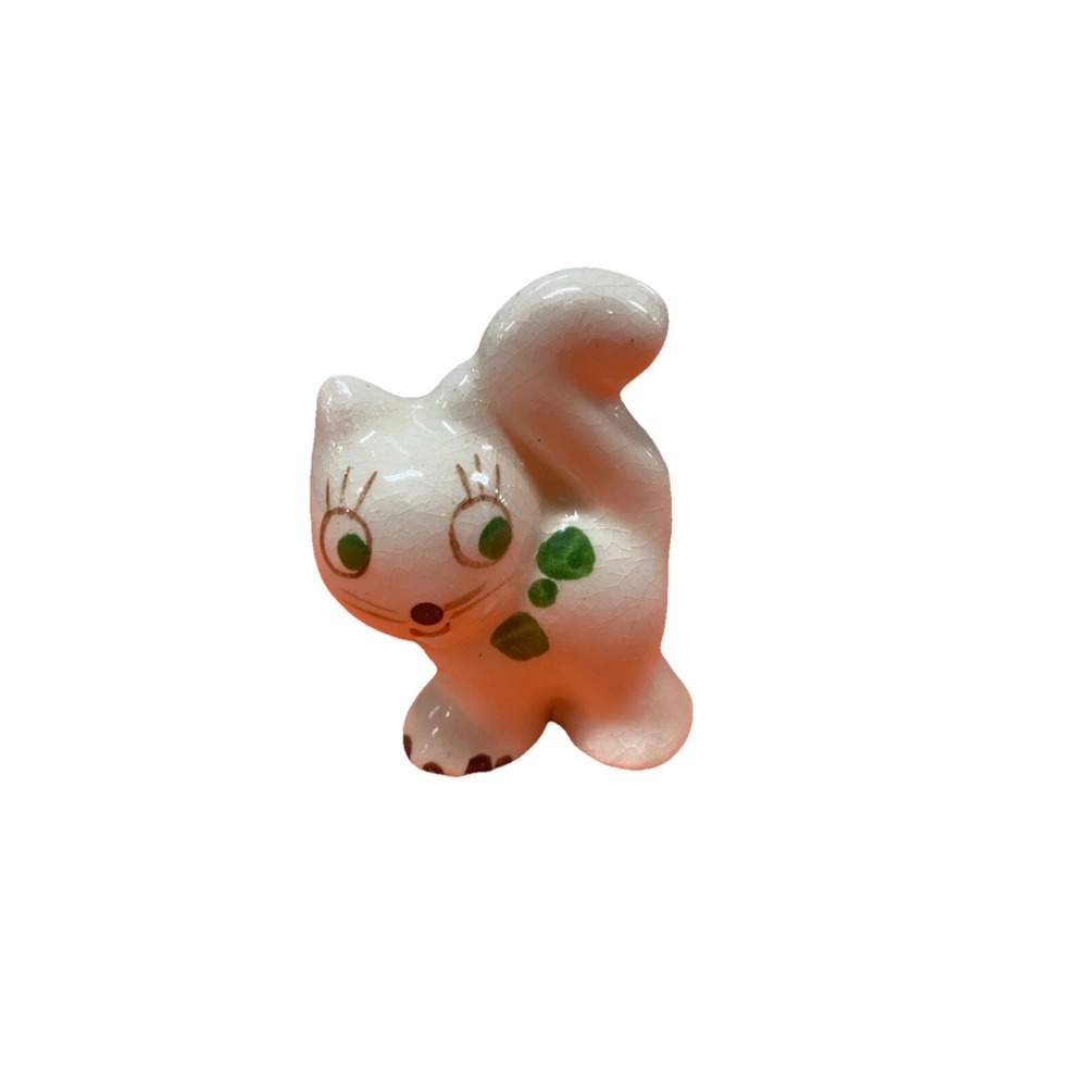 White glass mid century cat figurine reclining | glossy glazed white | statue lo